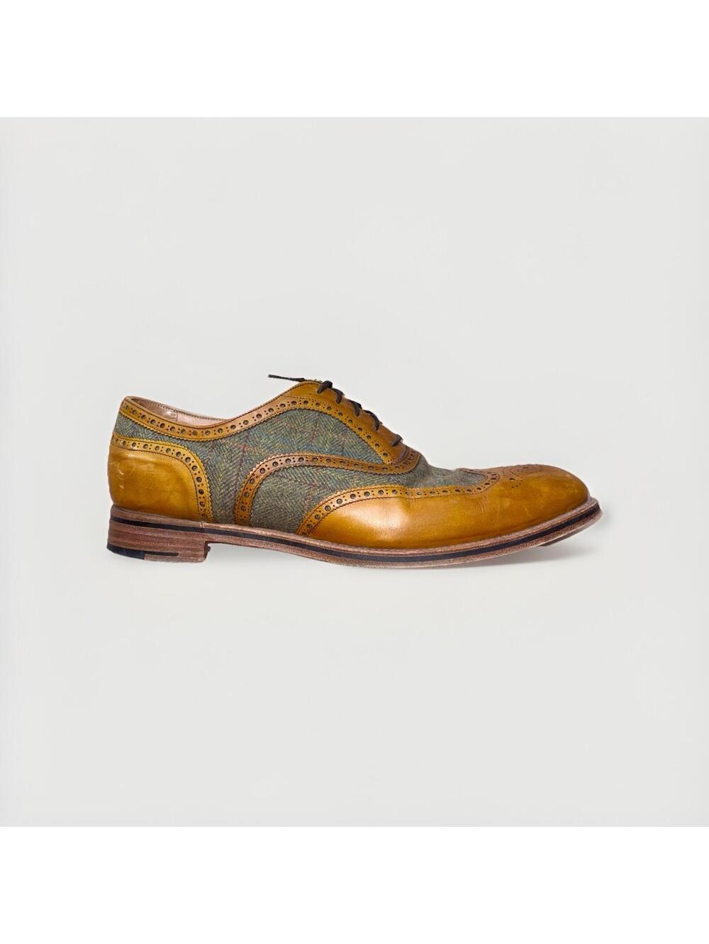 Herring England Bosmin Wingtip Oxfords Men’s 12 Tan Leather Tweed Dress Shoes